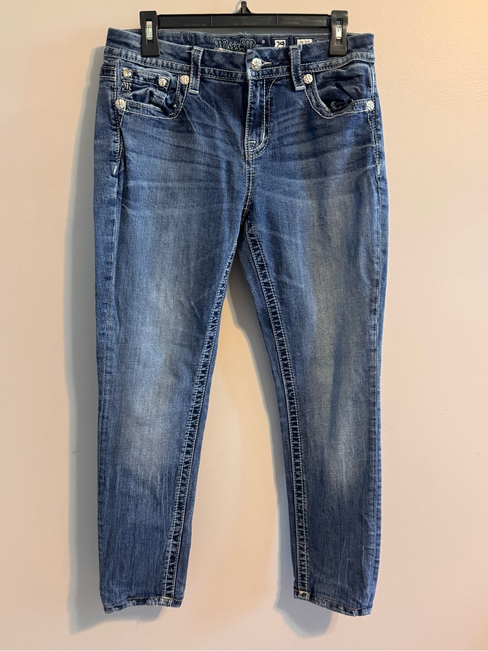 Miss Me Easy Skinny Jeans 29 Mid Rise Rhinestone Embroidered Y2K Blue
